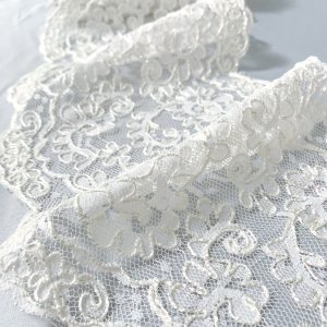 Double-Scalloped Floral Corded Lace Trim - Off-White/Aurora Borealis